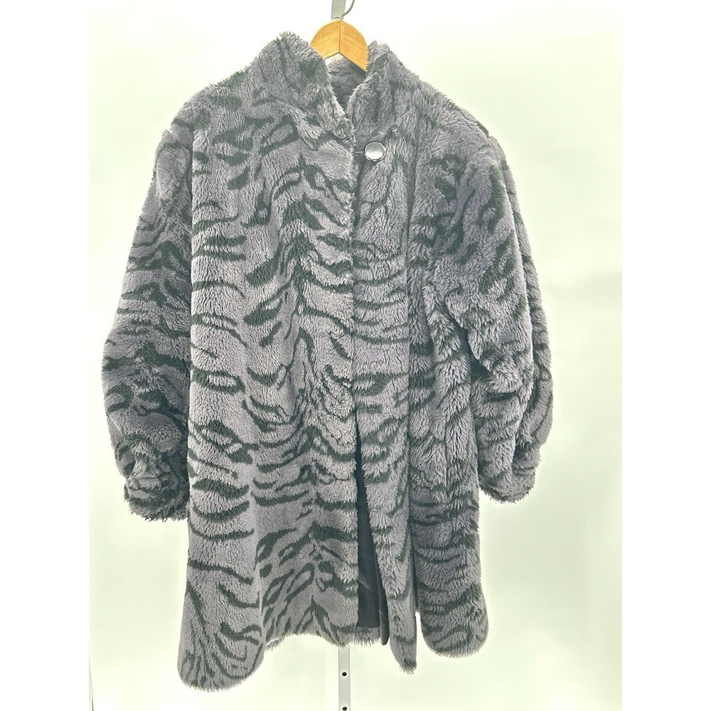 Vintage Style VI LTD Grey Black Tiger Strip Faux Fur‎ Furry Trench Coat Large - Picture 2 of 9
